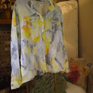 Alfred Dunner Yellow and Gray Casual Button Down Shirt